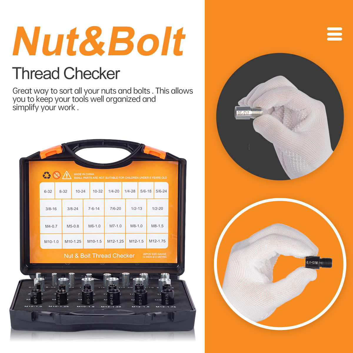 Stalye nut and bolt thread box checker